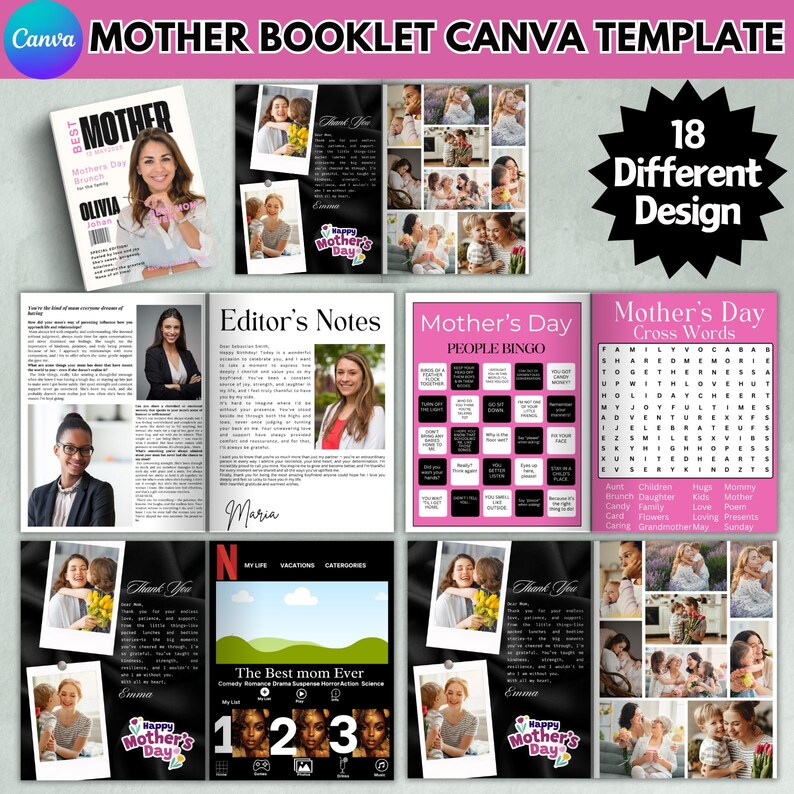 May include: A digital booklet template for Mother's Day with 18 different designs. The designs include a cover with a photo of a woman, a page with editor's notes, a Mother's Day bingo card, a Mother's Day crossword puzzle, and a page with a thank you message. The booklet is designed to be printed and given as a gift.