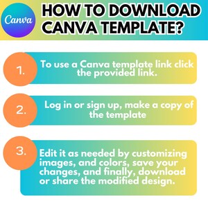 May include: A graphic with the Canva logo and the text "HOW TO DOWNLOAD CANVA TEMPLATE?" Instructions are numbered 1-3, with steps to use, copy, edit, and download a Canva template. The background transitions from blue to yellow.