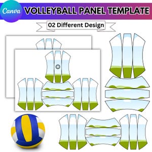 May include: A volleyball panel template with the text "VOLLEYBALL PANEL TEMPLATE" and "02 Different Design". The design includes a volleyball and several panel layouts with blue, green, and white sections. The Canva logo is in the upper left corner.