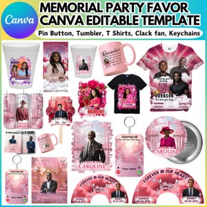 May include: A collection of memorial party favors, including tumblers, t-shirts, keychains, and pin buttons. The items feature photos, names, and dates, with a pink and white color scheme. Text includes "Memorial Party Favor" and "Forever in our Heart."