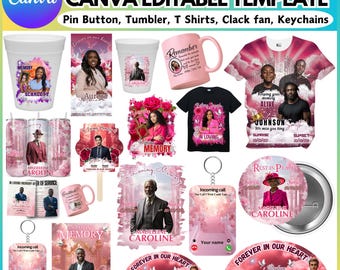 May include: A collection of memorial party favors, including tumblers, t-shirts, keychains, and pin buttons. The items feature photos, names, and dates, with a pink and white color scheme. Text includes "Memorial Party Favor" and "Forever in our Heart."