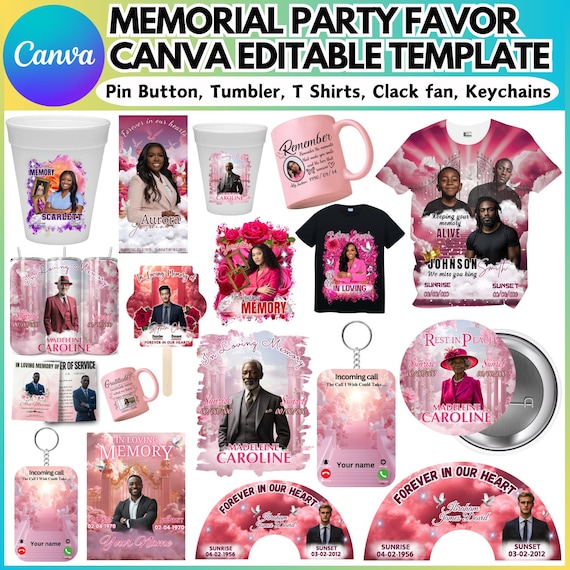 Pink Memorial Party Favor Canva Bundle, Memorial Pin Button, Memorial Tumbler, Funeral Green, Memorial Keychains, Clack Fan, Grave Blanket