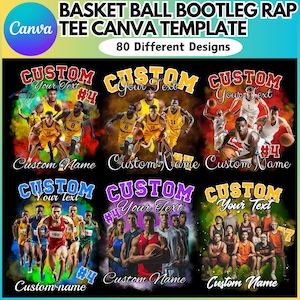 Plantilla editable de Canva para camisetas de baloncesto estilo bootleg, plantilla de Canva para camisetas de rap estilo bootleg, diseño de mascota en Canva, diseño de camiseta en Canva, rellena con tu propio diseño
