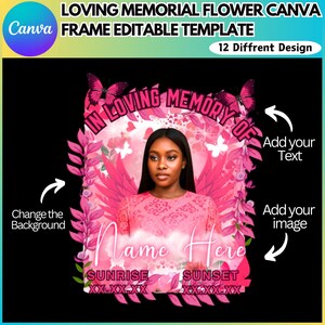 May include: A digital Canva template for a memorial flower frame. The design features a woman's portrait, pink floral elements, butterflies, and the text "In Loving Memory Of." Includes options to add text and images.