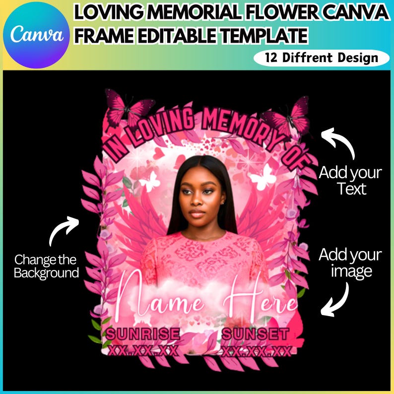 May include: A digital Canva template for a memorial flower frame. The design features a woman's portrait, pink floral elements, butterflies, and the text "In Loving Memory Of." Includes options to add text and images.