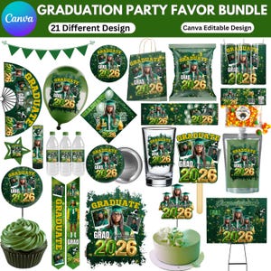 May include: A collection of graduation party favors in green and gold, including a banner, balloon, cupcake, and various printed items with "GRADUATE 2026" text. The bundle includes a variety of designs, such as stickers, water bottle labels, and a cake topper.