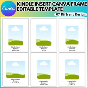 May include: A digital template for Kindle inserts, featuring seven different designs. Each design showcases a landscape scene with a blue sky, white cloud, and green hills. The dimensions are listed in inches for each design, including 4.87x6.8 in, 5x7 in, and others.