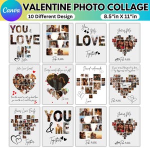 Peut inclure: Dix collages photo pour la Saint-Valentin, chacun avec un design unique sur le thème romantique. Les impressions mesurent 21,6 cm x 27,9 cm et incluent du texte tel que "You & Me Love Together" et des noms. Le logo Canva est visible.