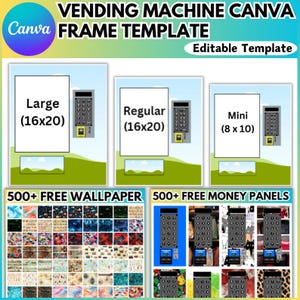 May include: A digital template for creating vending machine graphics. The template includes three different sizes: large (16x20 inches), regular (16x20 inches), and mini (8x10 inches). The template also includes 500+ free wallpaper and money panel designs.