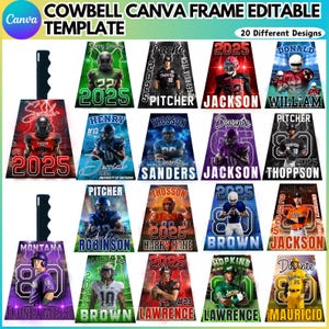 May include: A collection of 20 editable Canva frame templates, each featuring a different sports design. The templates showcase various athletes with their names, numbers, and team affiliations. The designs include text such as "2025" and "PITCHER".