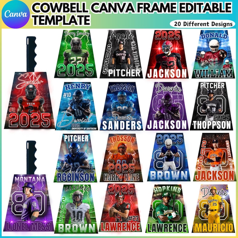 May include: A collection of 20 editable Canva frame templates, each featuring a different sports design. The templates showcase various athletes with their names, numbers, and team affiliations. The designs include text such as "2025" and "PITCHER".
