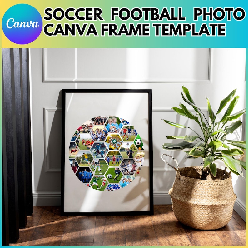 May include: A black framed photo with a white background and a collage of soccer players in a honeycomb pattern. The collage is in the shape of a soccer ball.