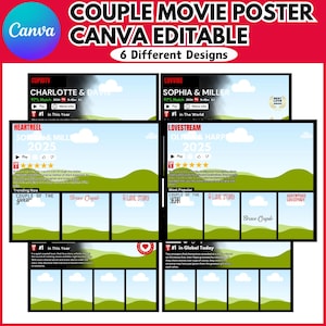 May include: A Canva template for a movie poster featuring a couple. The poster has a green and blue background with clouds and a title that says "Couple Movie Poster". The poster also includes the text "Canva Editable" and "6 Different Designs".
