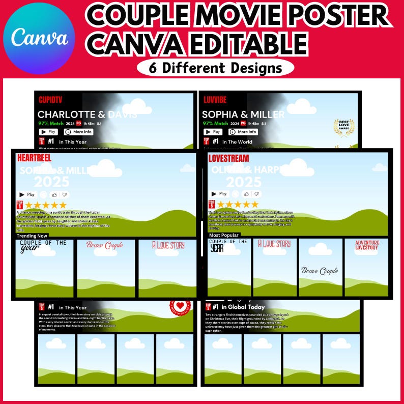 May include: A Canva template for a movie poster featuring a couple. The poster has a green and blue background with clouds and a title that says "Couple Movie Poster". The poster also includes the text "Canva Editable" and "6 Different Designs".