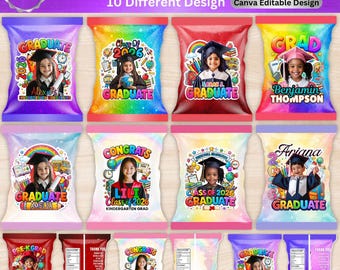 May include: A collection of ten colourful chip bag designs for Pre-K and Kindergarten graduation. Each bag features a child in a graduation cap and gown, school-themed graphics, and customisable text. The layout includes front and back views.