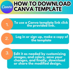 May include: A step-by-step guide on how to download a Canva template. The image features a gradient background with the Canva logo and numbered steps. Each step is in a blue rectangle with orange circles. The text explains how to use, copy, edit, and download the template.