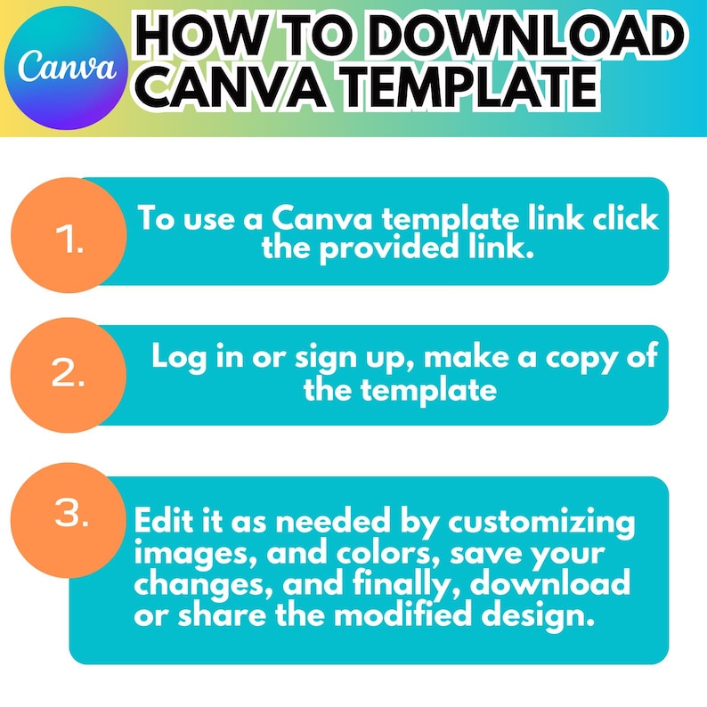 May include: A step-by-step guide on how to download a Canva template. The image features a gradient background with the Canva logo and numbered steps. Each step is in a blue rectangle with orange circles. The text explains how to use, copy, edit, and download the template.