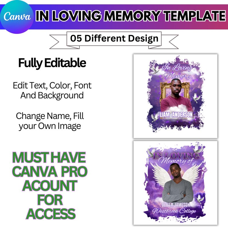 In Loving Memory Purple Design Canva Editable Bundle, Funeral ...