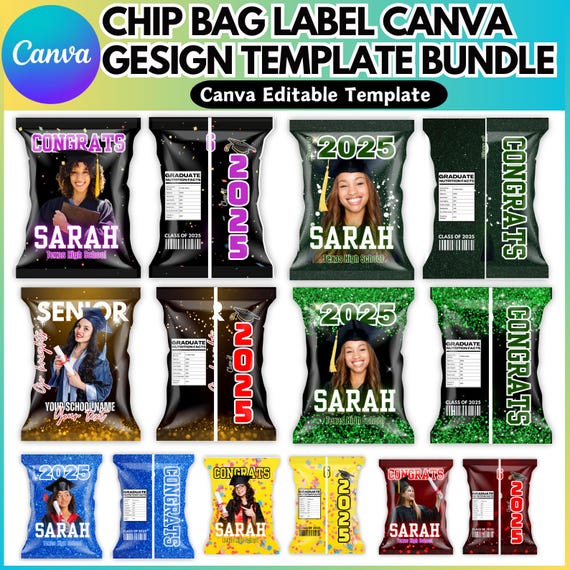 Graduation Chip Bag Canva Editable Templates Bundle, Grad Party Favor Mockups, Chip Bag Template, Congrats Template Design, Party Favor