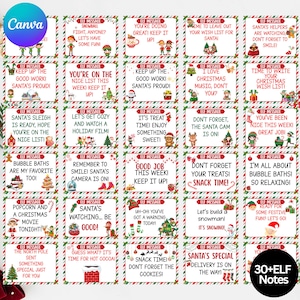 May include: A collection of 30+ Elf Notes with festive messages. Each note features a red and green border with holiday-themed text and illustrations, perfect for Christmas. The notes are designed with a Canva logo.