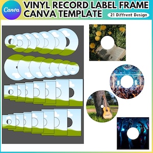 Op de afbeelding: Een Canva-sjabloon voor vinylplatenlabel frames. De afbeelding toont verschillende ontwerpen, waaronder albumhoezen met een landschap, een gitaar die tegen een boom leunt en een concertscène. De tekst bovenaan luidt "VINYL RECORD LABEL FRAME CANVA TEMPLATE".