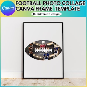 May include: A black framed photo collage template featuring a football design with five photo slots. The template is titled "Football Photo Collage Canva Frame Template" and "83 Different Design".