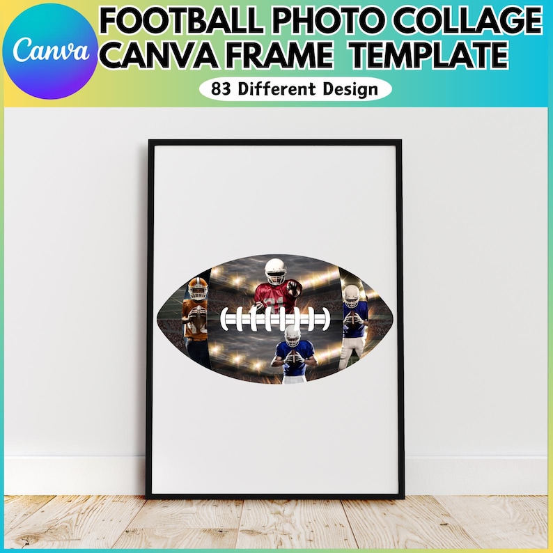 May include: A black framed photo collage template featuring a football design with five photo slots. The template is titled "Football Photo Collage Canva Frame Template" and "83 Different Design".