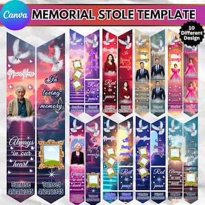 May include: A collection of memorial stole templates with various designs. Each design features a photo frame, doves, and phrases like "In loving memory" and "Rest in peace." The templates have a sunset background and include the text "Sunrise 4/24/2345" and "Sunset 4/24/2345".