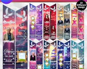 May include: A collection of memorial stole templates with various designs. Each design features a photo frame, doves, and phrases like "In loving memory" and "Rest in peace." The templates have a sunset background and include the text "Sunrise 4/24/2345" and "Sunset 4/24/2345".
