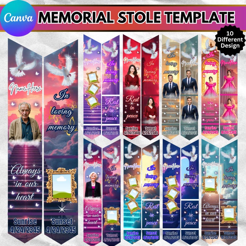 May include: A selection of memorial stole templates with diverse designs. Each design incorporates a photo frame, doves, and phrases such as "In loving memory" and "Rest in peace." The templates have a sunset backdrop and include the text "Sunrise 4/24/2345" and "Sunset 4/24/2345".