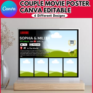 May include: A movie poster template for Canva with a green and blue color scheme. The poster features a title that says "Sophia & Miller" and a tagline that says "97% Match". The poster also includes a play button, a more info button, and a best love award.