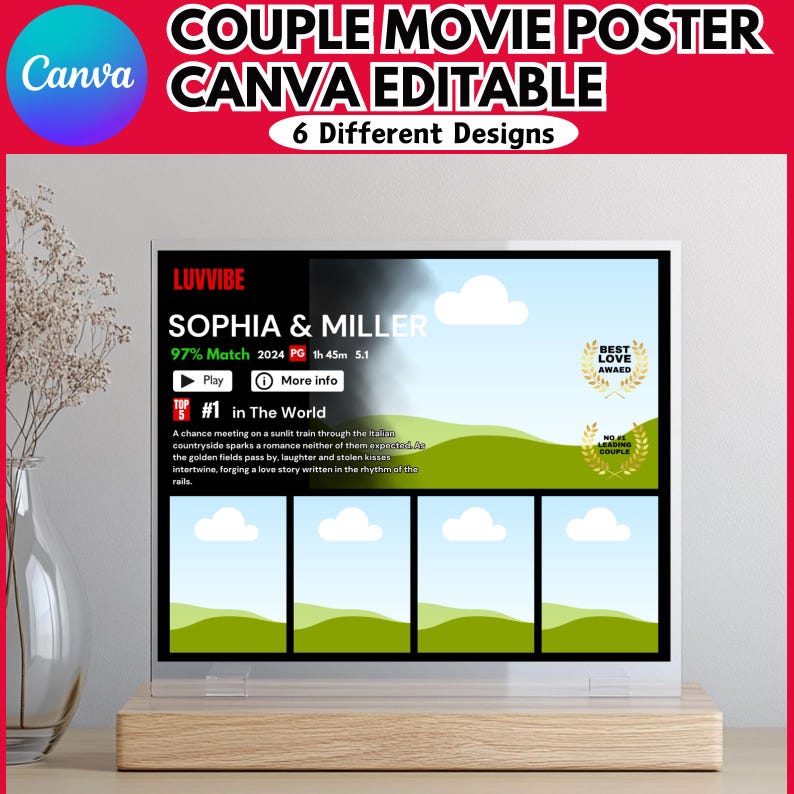May include: A movie poster template for Canva with a green and blue color scheme. The poster features a title that says "Sophia & Miller" and a tagline that says "97% Match". The poster also includes a play button, a more info button, and a best love award.