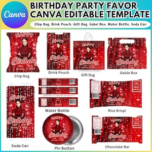 May include: A collection of red birthday party favor templates, including chip bags, drink pouches, gift bags, gable boxes, water bottles, soda cans, pin buttons, rice krispies, and chocolate bars. Each template features a photo and the words "Happy Birthday".