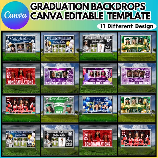 Graduation Backdrop Canva bearbeitbares Vorlagenpaket, 10 bearbeitbare graduierte Kulissen, Klasse von 2025 Kulisse, grad Kulisse, grad Party Dekor