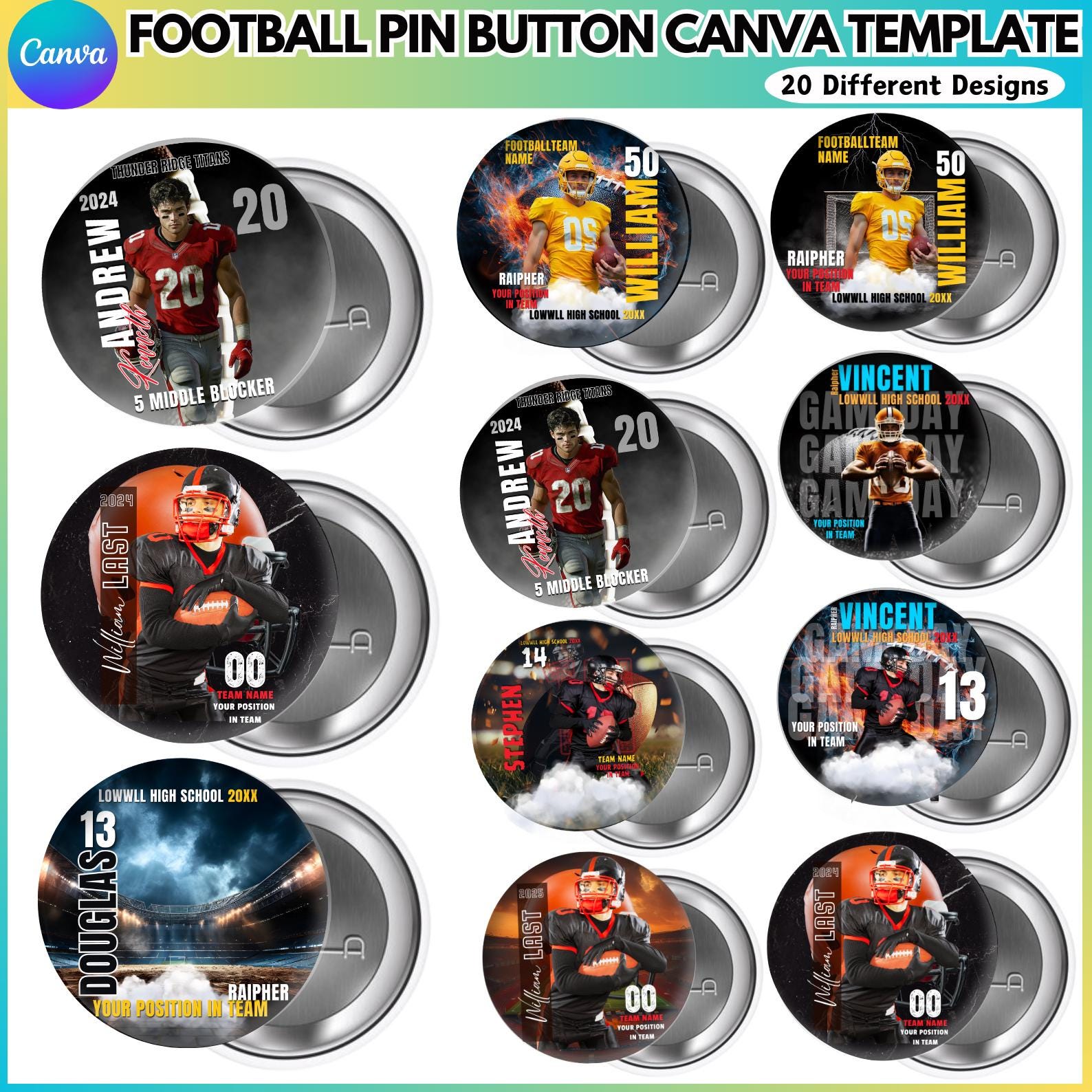 Football Pin Button Canva Template, Editable Game Day Buttons, Custom ...