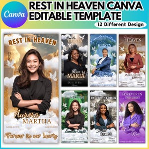 May include: A Canva editable template with 12 designs. Each design features a portrait of a person with the words "Rest in Heaven" and "Forever in our hearts." The designs have a sky and dove theme.