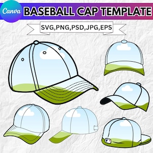 Op de afbeelding: Baseball cap template design met een lichtblauwe lucht en groen grasontwerp. De afbeelding bevat meerdere baseball cap illustraties met de tekst "BASEBALL CAP TEMPLATE" en bestandstype opties: SVG, PNG, PSD, JPG, EPS.