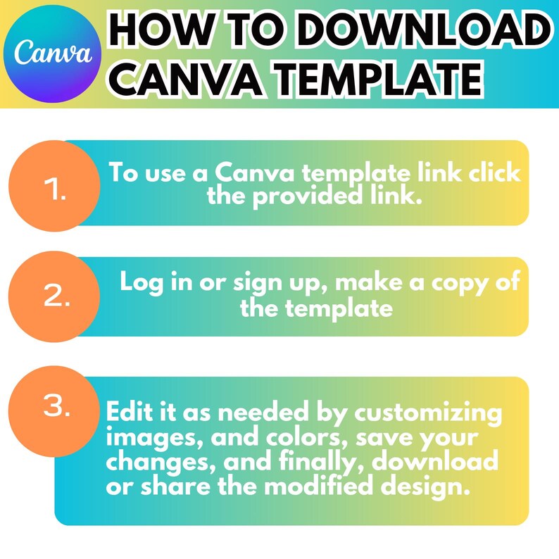May include: A graphic with the Canva logo and the text "HOW TO DOWNLOAD CANVA TEMPLATE." Steps include clicking a link, logging in, and editing the template. The background transitions from blue to yellow.