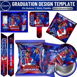 May include: A graduation design template in blue and red. The design includes a pin button, t-shirt, and paddle. The design features the word "Congrats" and the name "Jordan". The template is Canva editable.