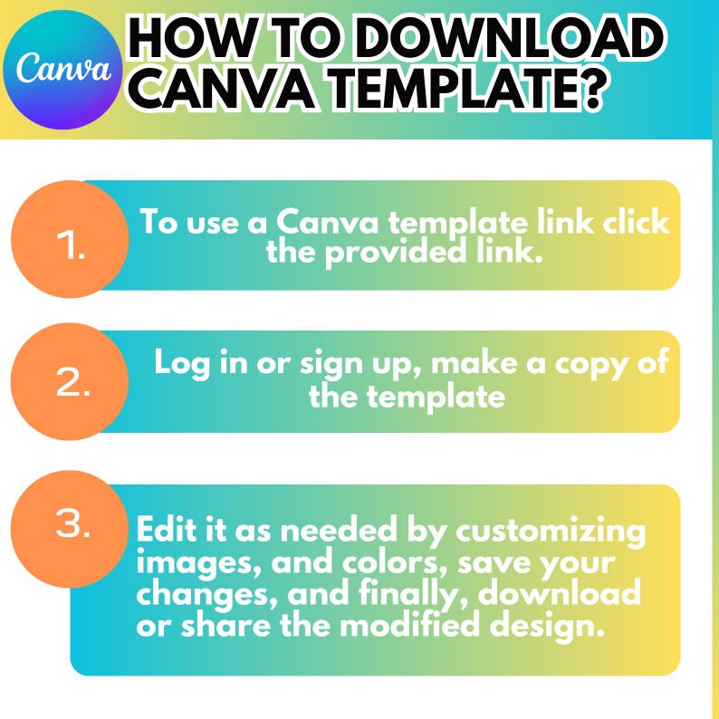 Puede incluir: Un infogr&aacute;fico colorido con tres pasos sobre c&oacute;mo descargar una plantilla de Canva. Los pasos est&aacute;n numerados del 1 al 3. Cada paso est&aacute; escrito en un cuadro blanco con un fondo de color. Los colores de fondo son naranja, amarillo y azul. El texto es negro.