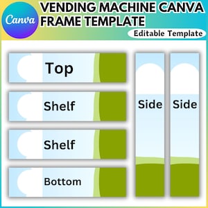 Op de afbeelding: Een sjabloon voor een ontwerp van een automatiek. De sjabloon bevat secties voor de bovenkant, de planken en de zijkanten van de automatiek. De sjabloon is bewerkbaar en kan worden gebruikt om een ​​aangepast ontwerp te maken.