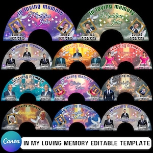 May include: A collection of memorial fan templates with arched tops, featuring photos, names, and dates. Each design includes a photo, the phrase "In loving memory," and the words "Sunrise" and "Sunset" with a date. The background has a sky and dove design.