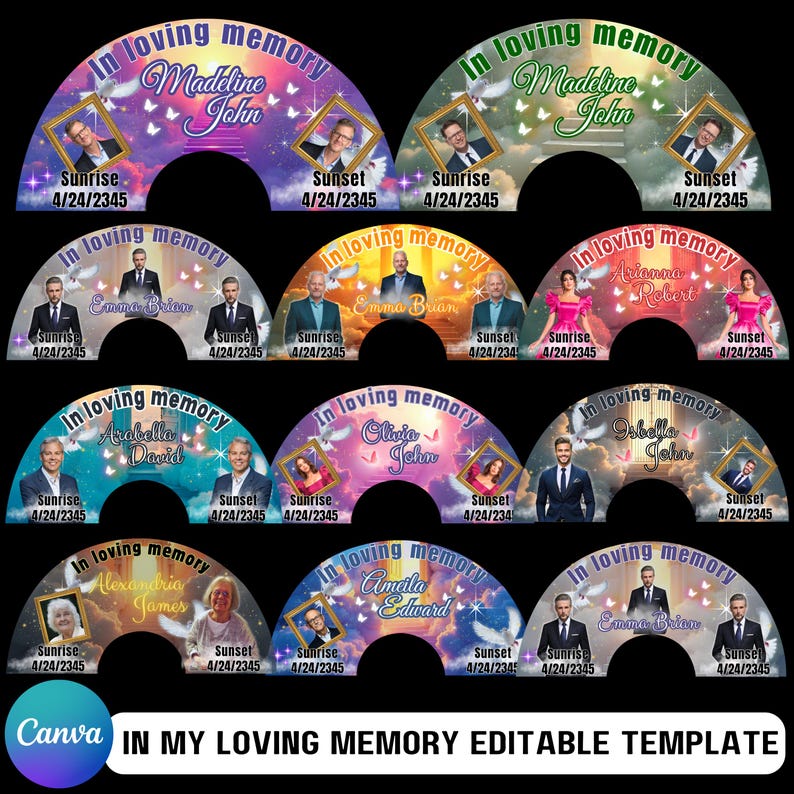 May include: A collection of memorial fan templates with arched tops, featuring photos, names, and dates. Each design includes a photo, the phrase "In loving memory," and the words "Sunrise" and "Sunset" with a date. The background has a sky and dove design.