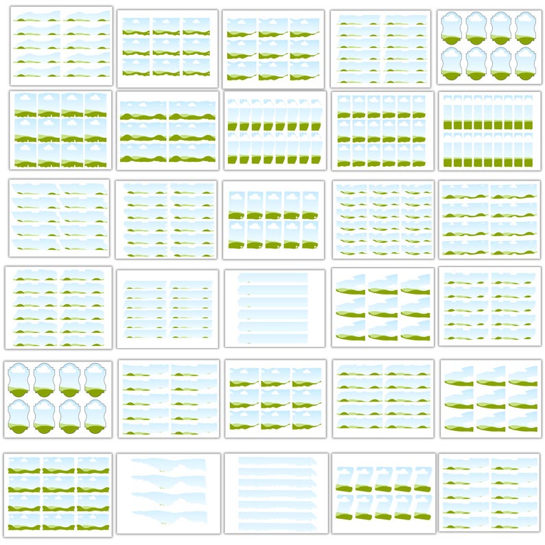 May include: A grid of 30 small, square images. Each image features a stylized landscape with a blue sky, green hills, and white clouds. Some images have a decorative border. The overall theme is nature and landscape.