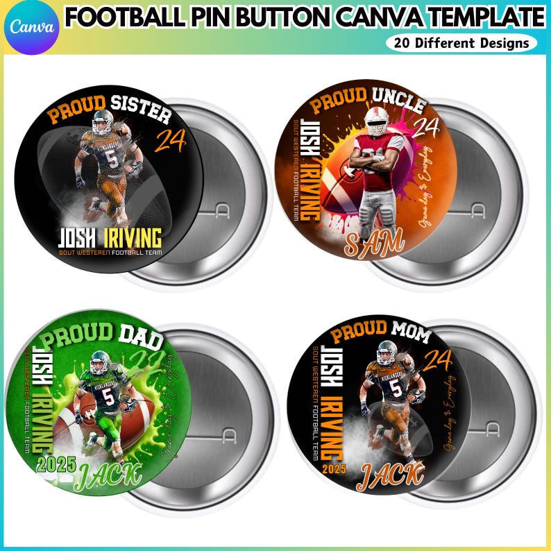 Football Pin Button Canva Template, Editable Game Day Buttons, Custom ...