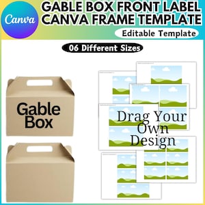 Könnte beinhalten: Eine druckbare Vorlage für Klappbox-Etiketten. Die Vorlage zeigt ein grünes und blaues Landschaftsdesign mit dem Text "Drag Your Own Design". Die Vorlage ist in sechs verschiedenen Größen erhältlich.