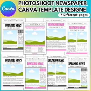 May include: A Canva template design featuring seven different newspaper-style layouts. Each layout includes the headline "BREAKING NEWS" and the text "YOUR NEW LOOK AWAITS." The designs incorporate pastel colors and include space for images and text.