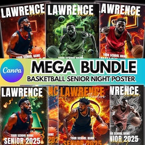 May include: A set of six basketball senior night posters featuring a basketball player in different poses and backgrounds. The posters have a red, green, and black color scheme with flames and smoke effects. The text on the posters includes "Lawrence", "Theodore", "Senior 2025", and "Mega Bundle".