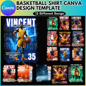 Puede incluir: Doce dise&ntilde;os diferentes de camisetas de baloncesto con un jugador en acci&oacute;n. Los dise&ntilde;os incluyen nombres de equipo, nombres de jugadores, n&uacute;meros y lemas. Las camisetas son de varios colores, incluidos rojo, azul, negro y blanco.