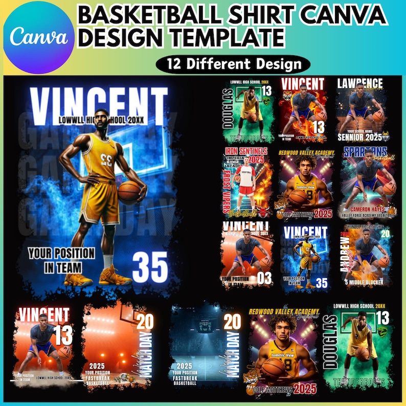 Puede incluir: Doce dise&ntilde;os diferentes de camisetas de baloncesto con un jugador en acci&oacute;n. Los dise&ntilde;os incluyen nombres de equipo, nombres de jugadores, n&uacute;meros y lemas. Las camisetas son de varios colores, incluidos rojo, azul, negro y blanco.